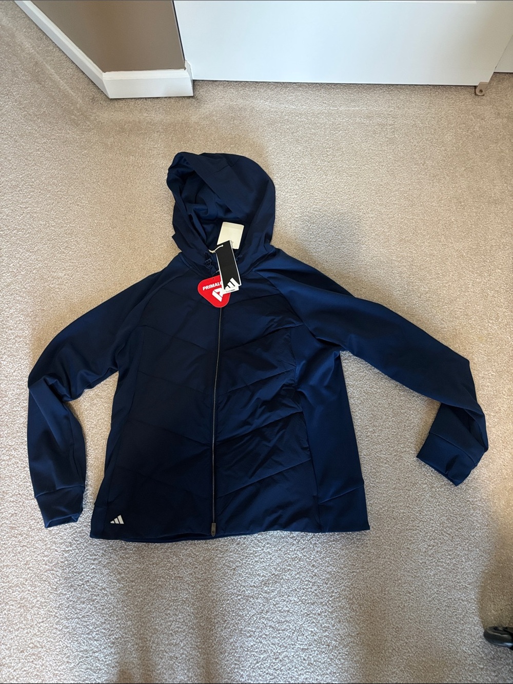 adidas ladies quilt Navy Hooded Puffer Jacket size large new with tags